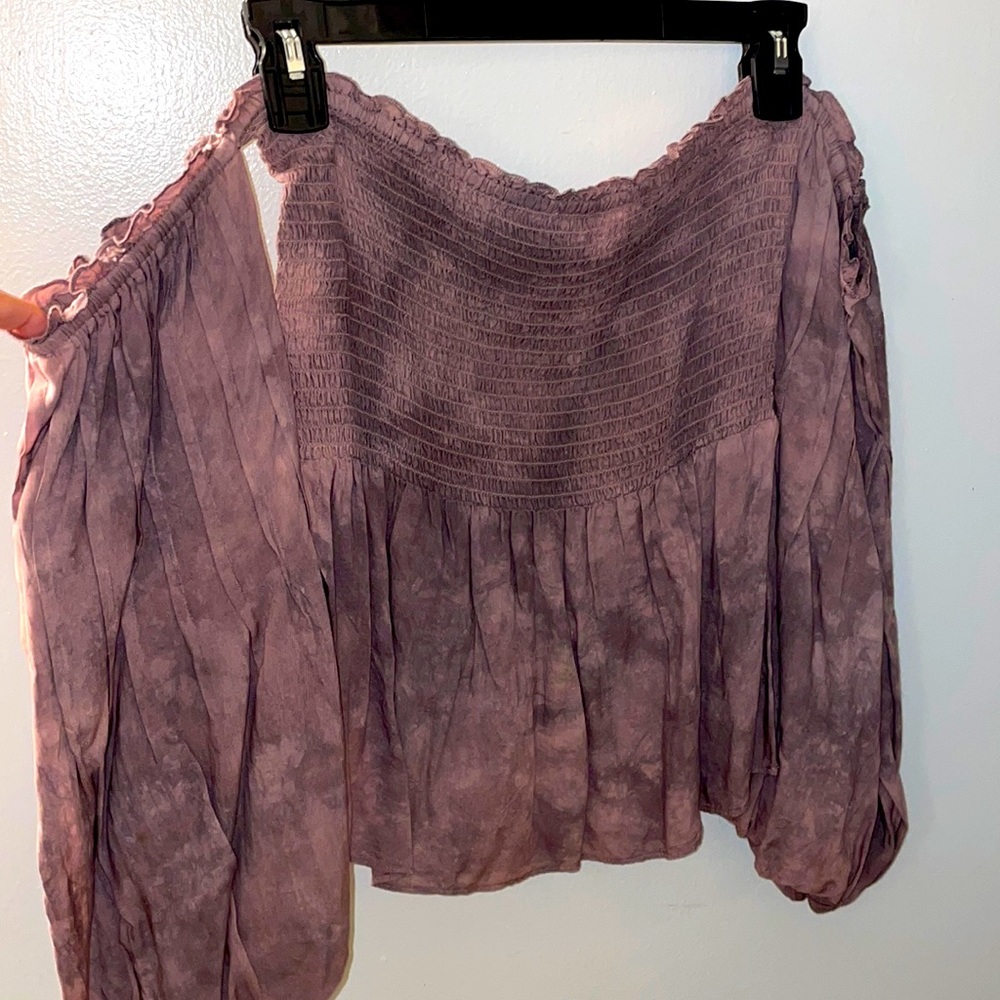 off the shoulder purple top with princess sleeves